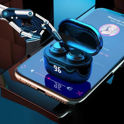 Black wireless stereo Bluetooth headset with earbud design showing Bluetooth 5.0 and NFC features
