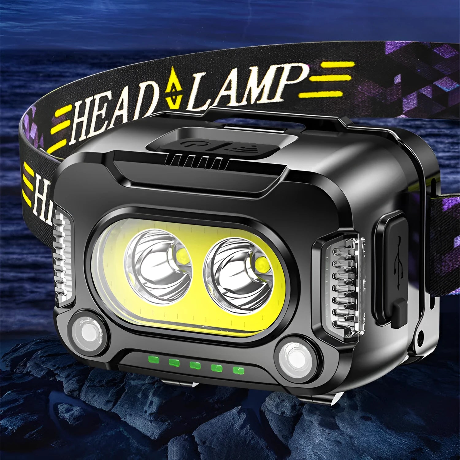 Black COB light sensing headlamp for night running and fishing with 200m exposure distance