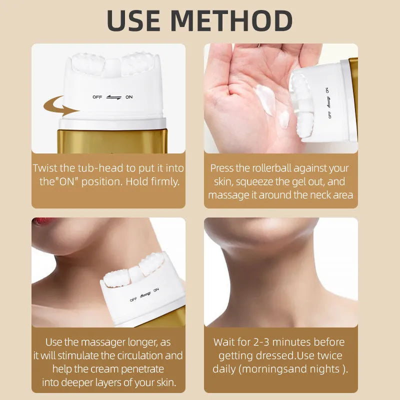 Neck moisturising cream with roller applicator for dry skin care in medium sample size