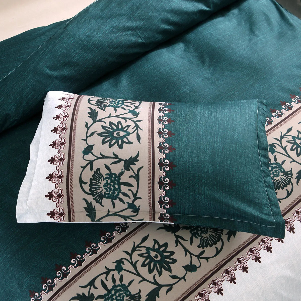Polyester quilt cover set with edging craft, plain weave, in wine red colour on a bed