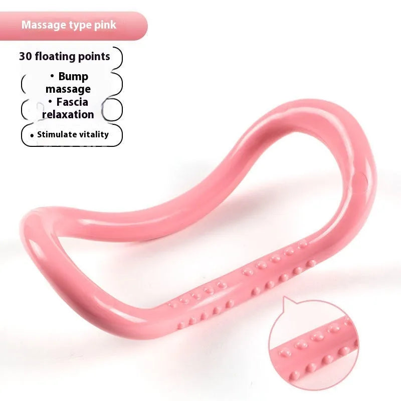 Yoga four piece set showing leg stretcher, yoga ring, foot pedal device and figure eight tension rope
