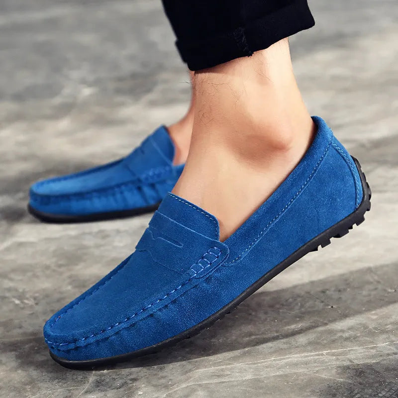 Men's brown suede leather casual loafers with rubber sole and round toe.