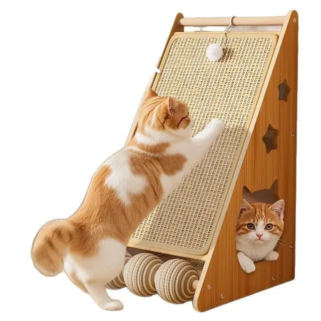 Vertical wall-sticking cat scratch board with density plate and sisal hemp rope, featuring a cat teasing ball, in simple style