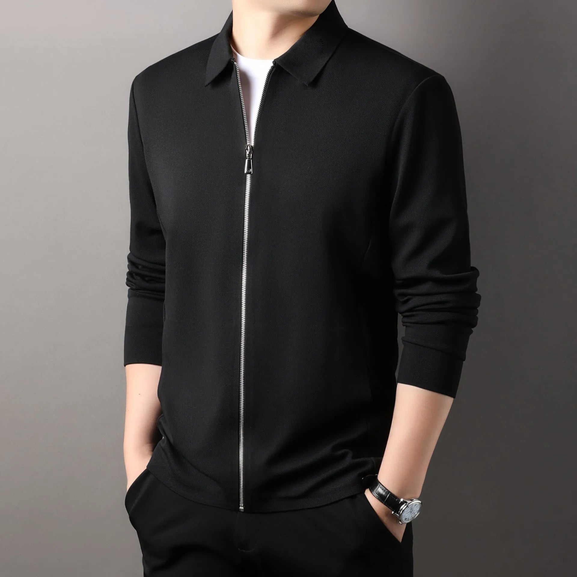 Men's polyester jacket in apricot colour with long sleeves and a straight hem.