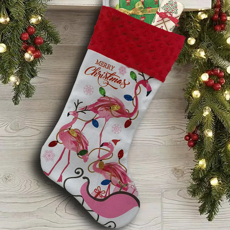 Flamingo patterned cloth Christmas stocking hanging decoration measuring 46 by 28 centimetres