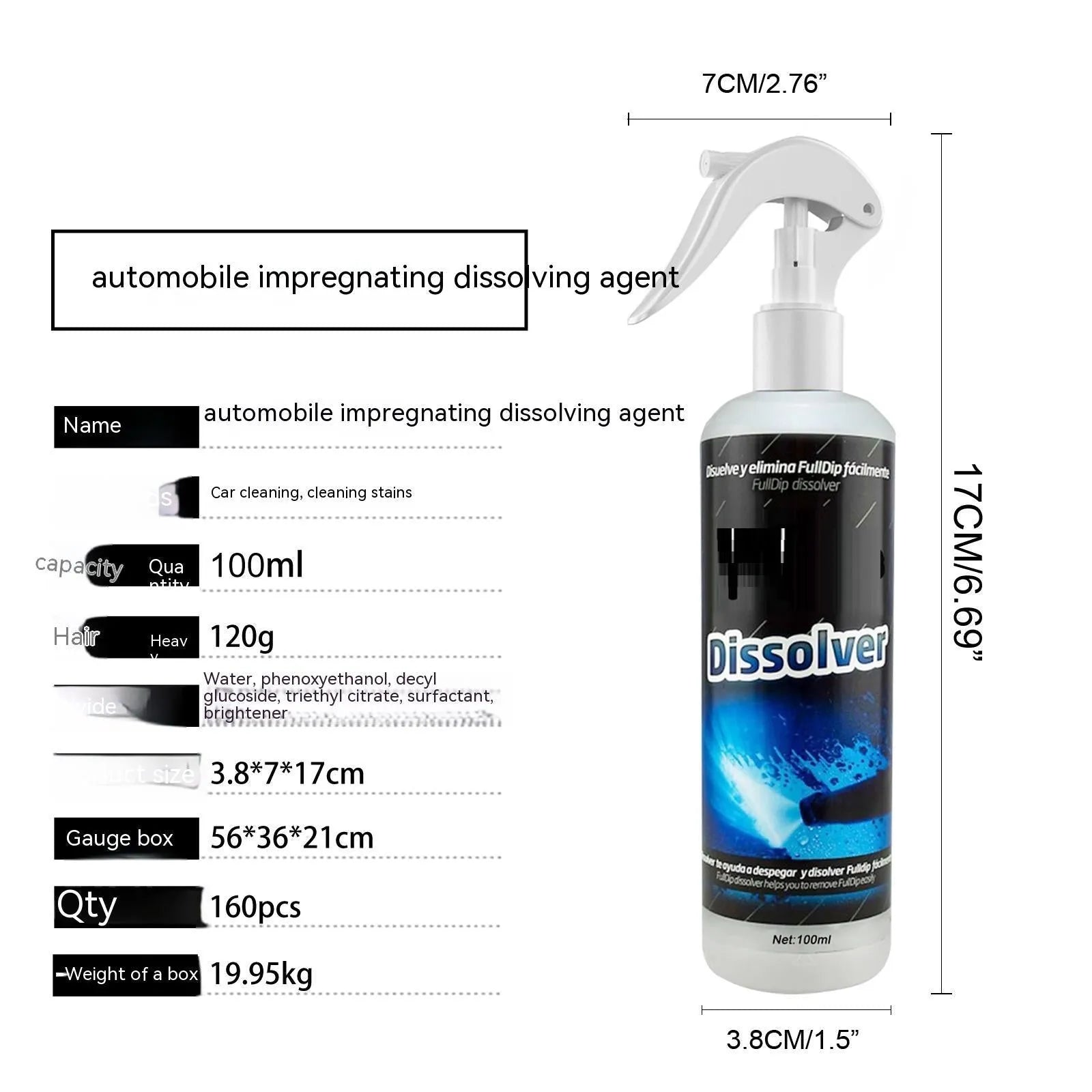 Car foam cleaning agent 100ml bottle for paint and interior stain removal