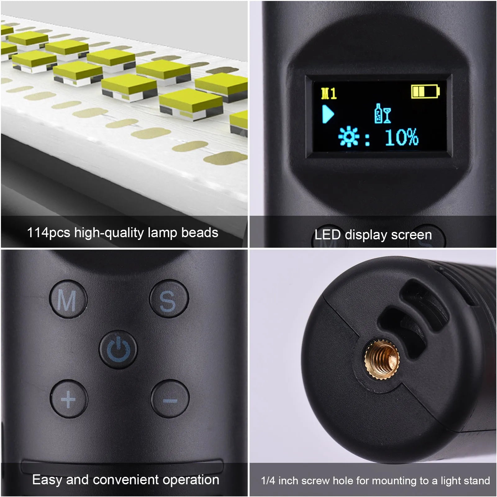 Dual colour temperature handheld LED photography light stick with 114 lamp beads, 200 lm, RGB modes, and 1/4 inch screw mount in use