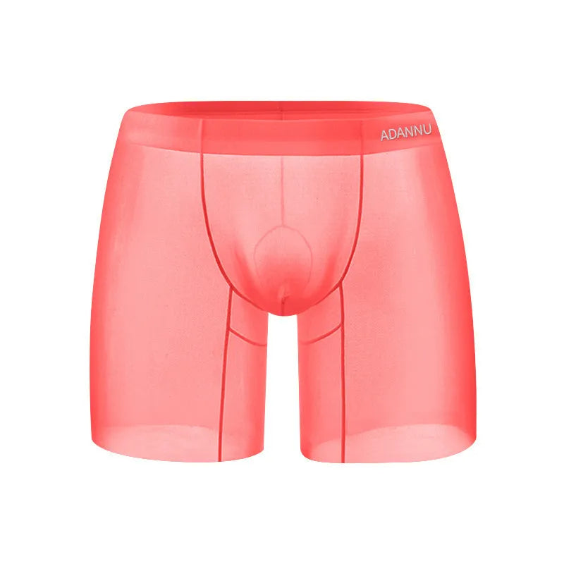 Men's low waist ice silk boxers in orange, pink, and red solid colours on a white background.