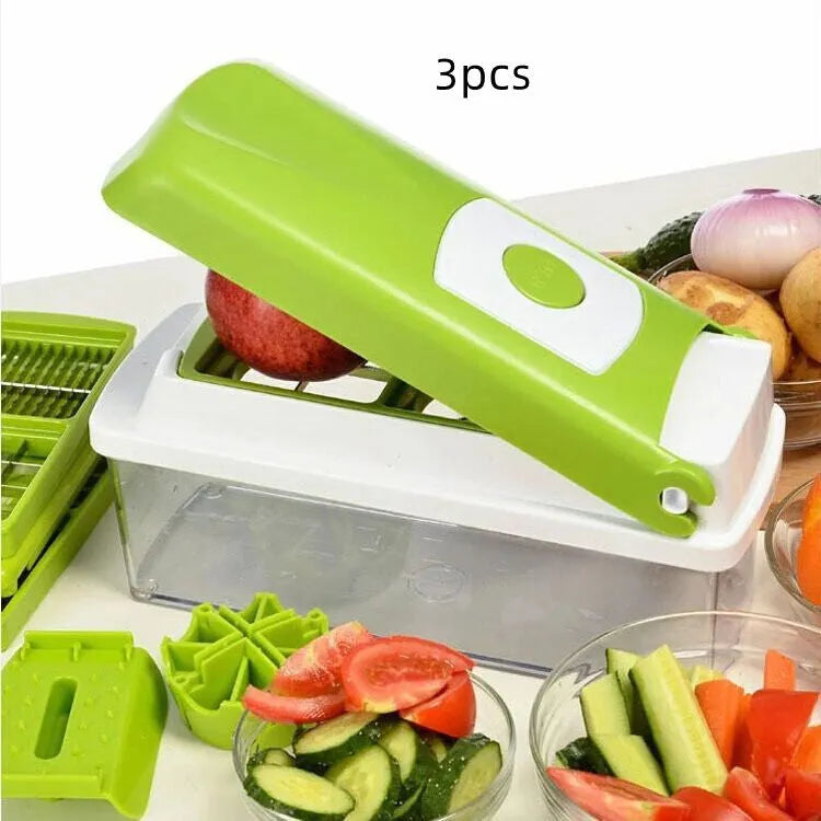 12-piece green hand operated vegetable chopper set with multiple graters and blades on a white background