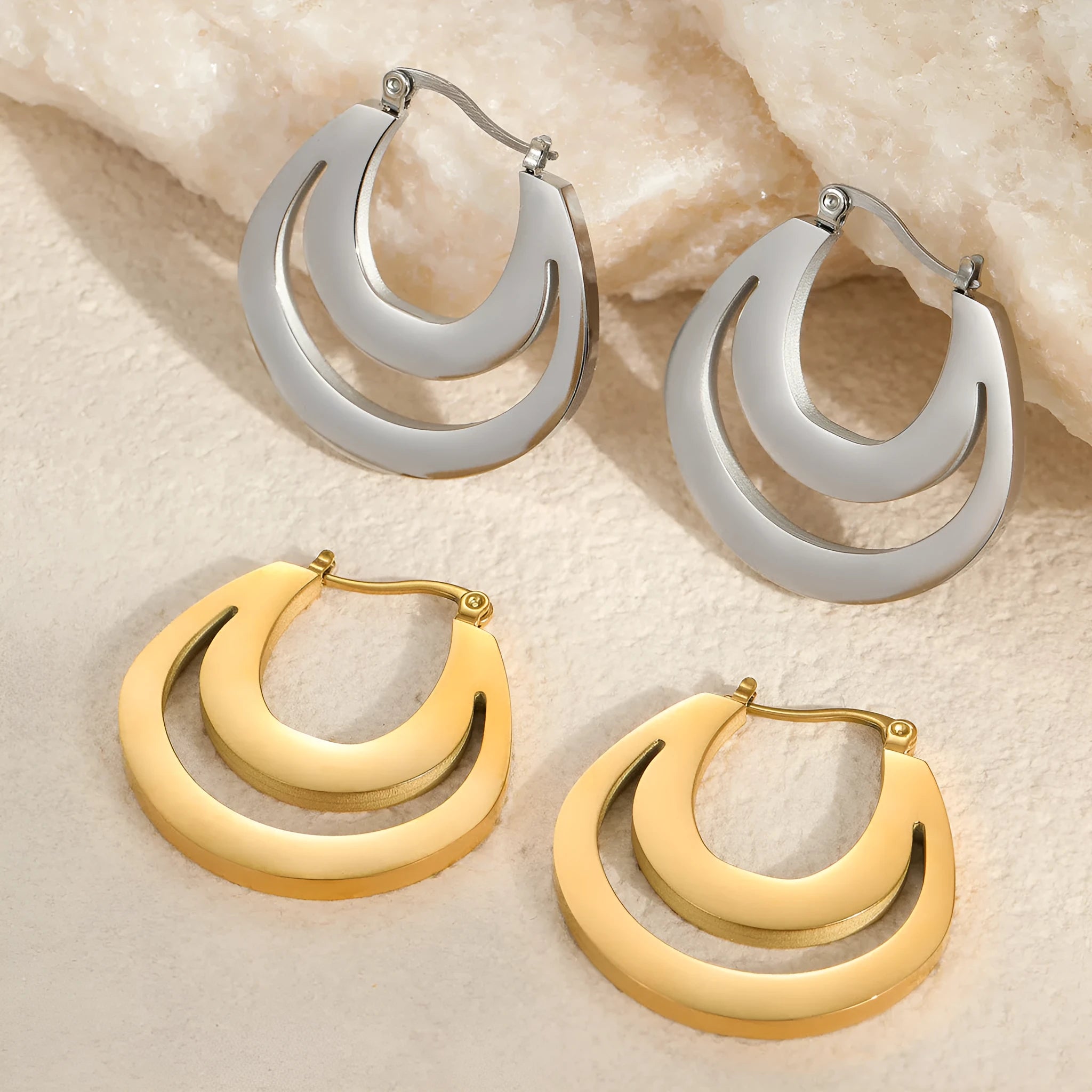 Geometric French earrings with circular ring design in gold-plated stainless steel for women's office jewellery