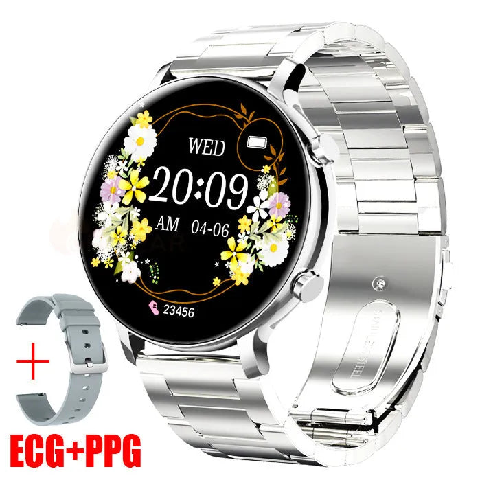 Bluetooth smartwatch with stainless steel strap showing call screen and health stats