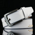 Men's retro style threading belt with alloy pin buckle in black, brown, or white, 110cm long.