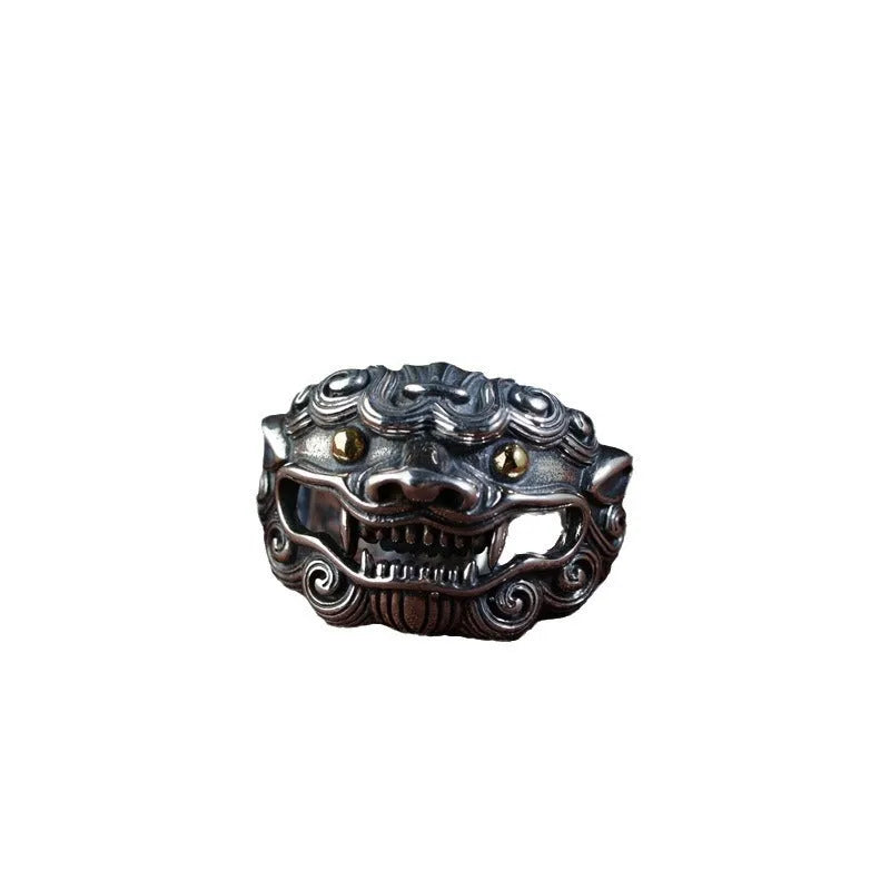 Personalised silver open ring with detailed Chinese zodiac jibeast Goat pattern.