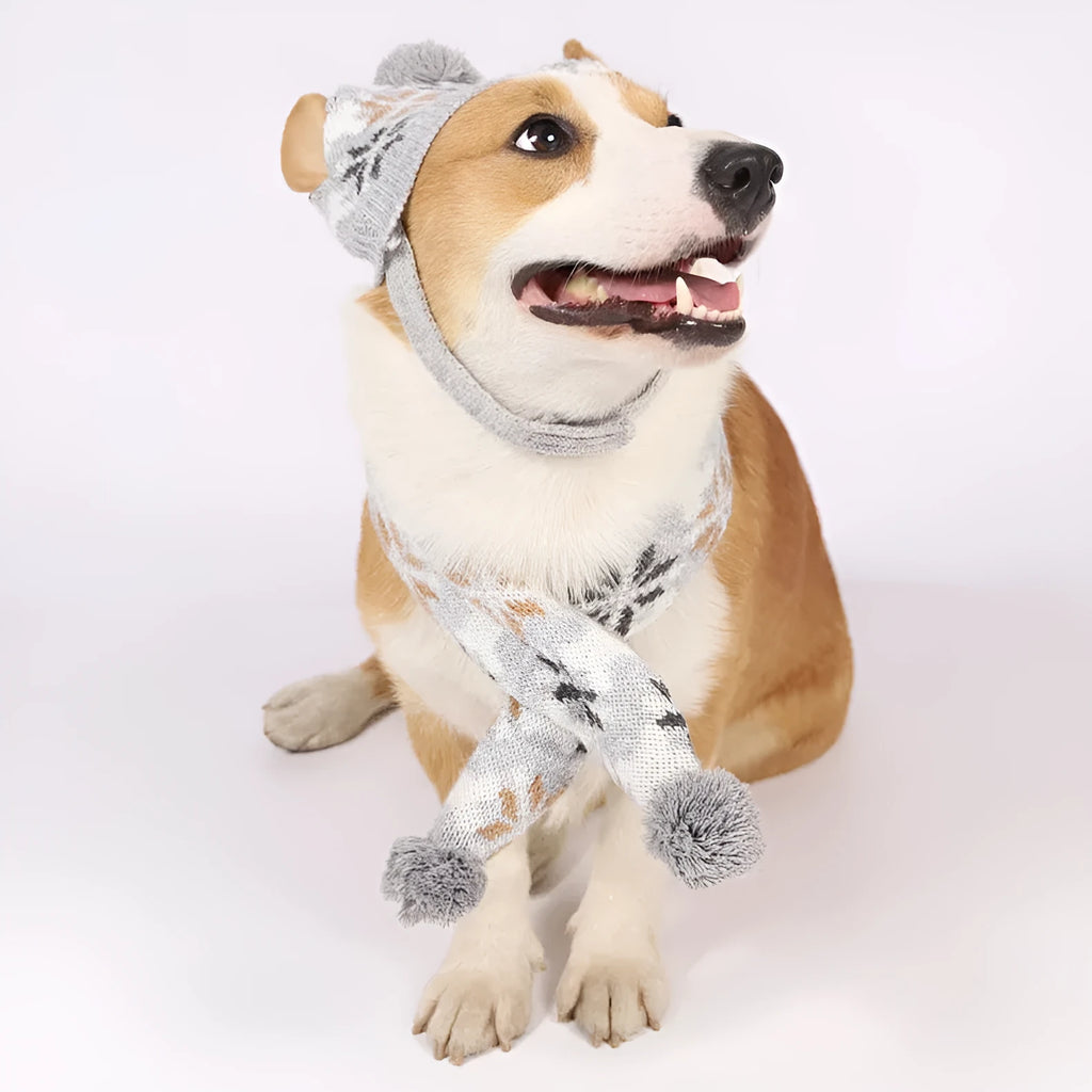 Japanese style retro jacquard acrylic knit pet clothes set with sweater, hat and scarf in gray for dogs and cats