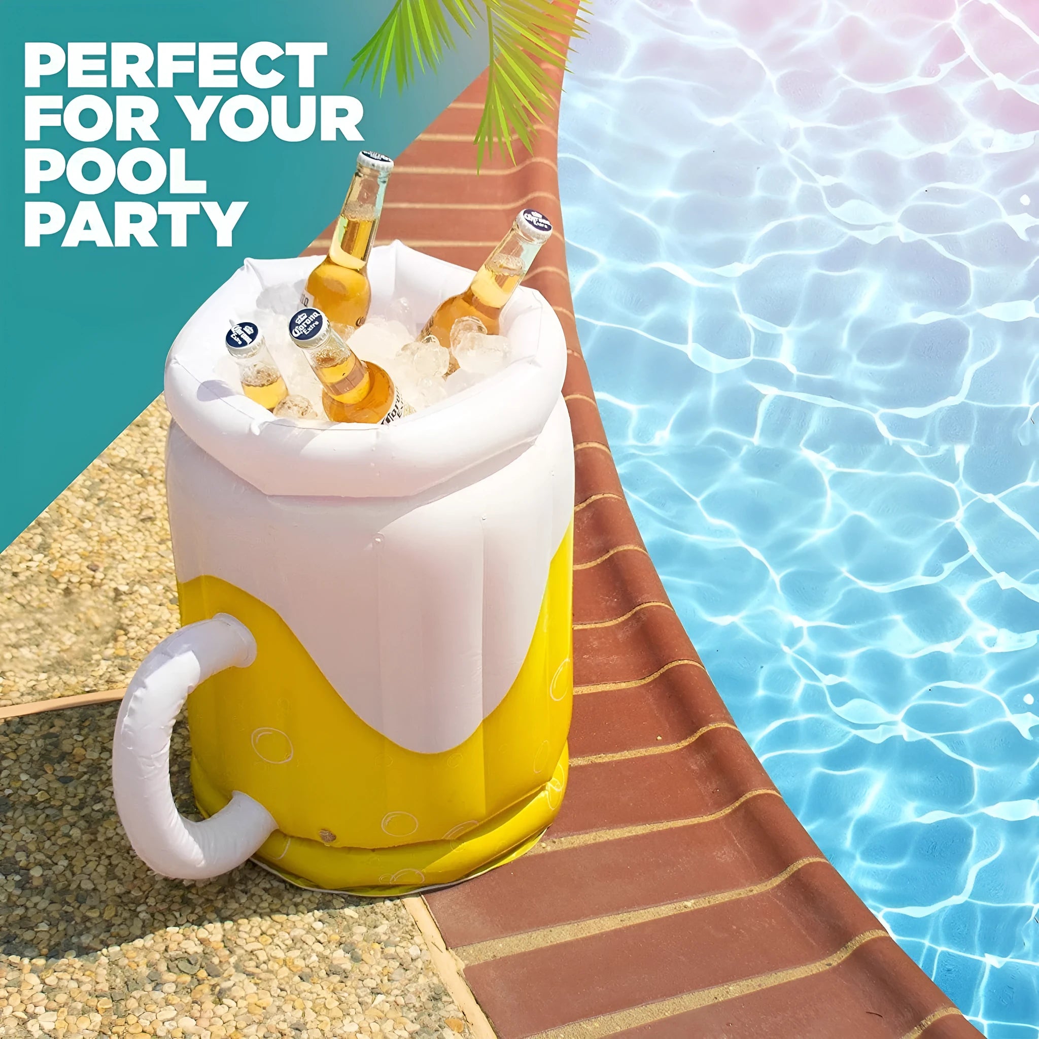 Large yellow inflatable beer mug cooler float holding drinks in a swimming pool
