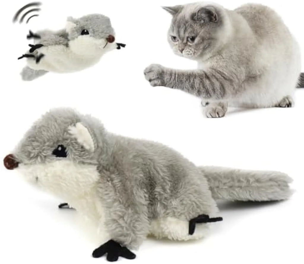 Grey flapping squirrel cat toy with motion sensor, USB charging port, and realistic sound features