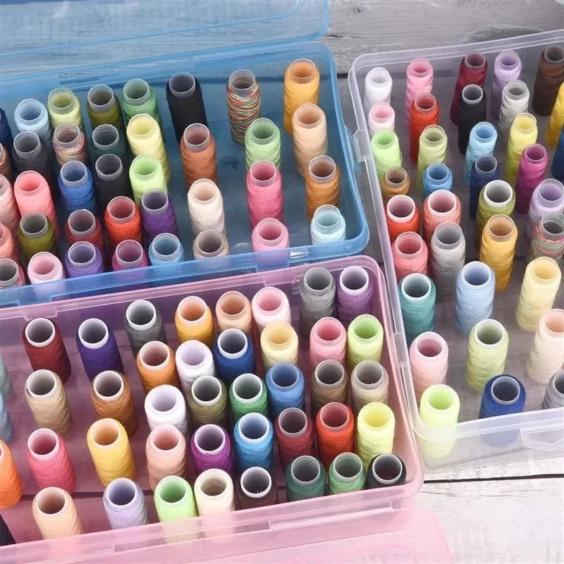 Plastic embroidery storage box with 42 numbered compartments in transparent, pink, or blue colour.