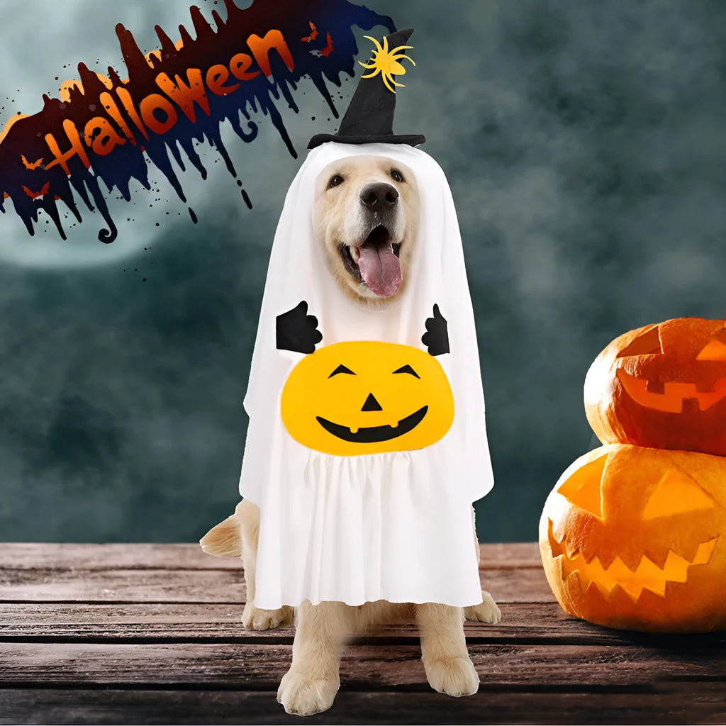 White viscose fibre dog clothes suit with pumpkin ghost design for Halloween, available in sizes S M L