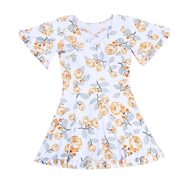 Women's high waist slimming printed one-piece swimsuit with floral pattern in white flowers and blue pattern, sizes M-XXL