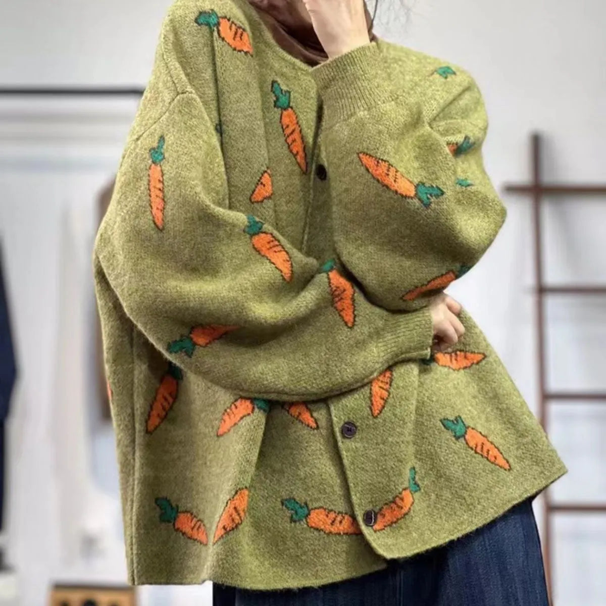 Mori artistic printing round neck loose cardigan sweater in pictured colour