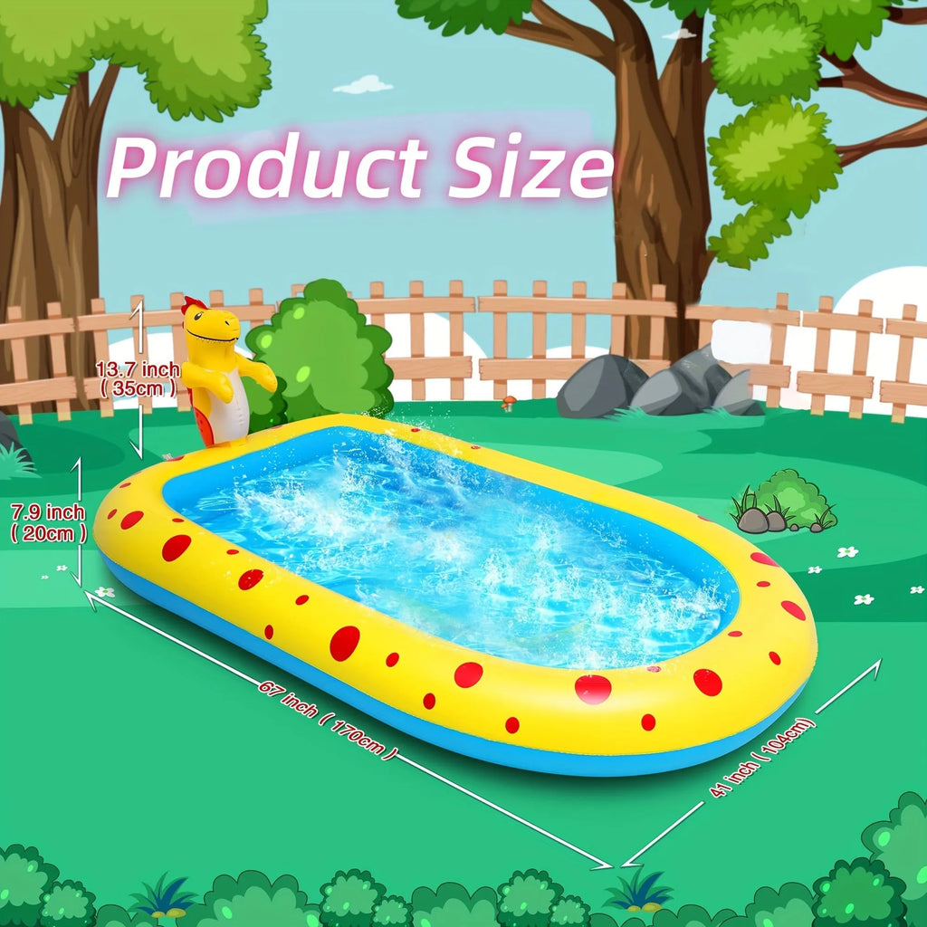Blue inflatable dinosaur-shaped children's paddling pool with water spray play mat in a garden.
