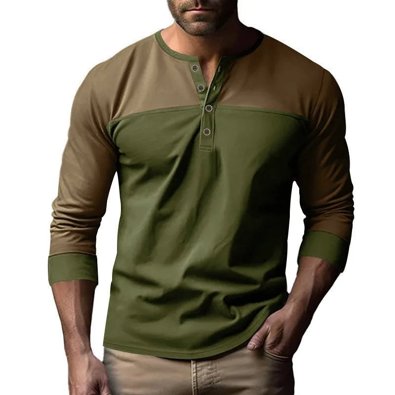 Long-sleeve Henry collar casual shirt with colour matching design in beaded twill fabric