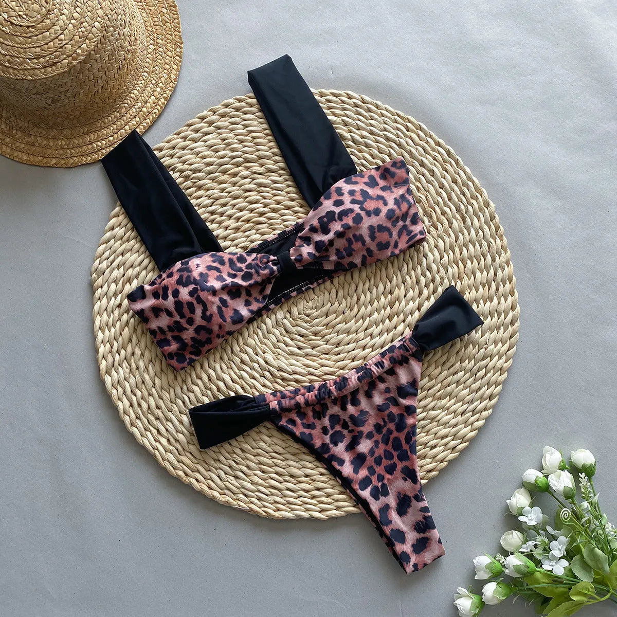 Two-piece bikini set – tube top bra and T-pants in black with nylon lining, sleeveless, Asian sizes S M L