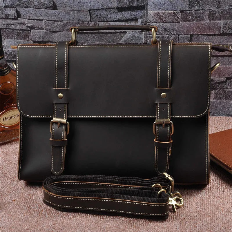 Men's genuine cowhide crazy horse leather handbag 13 inch dark brown retro lock closure