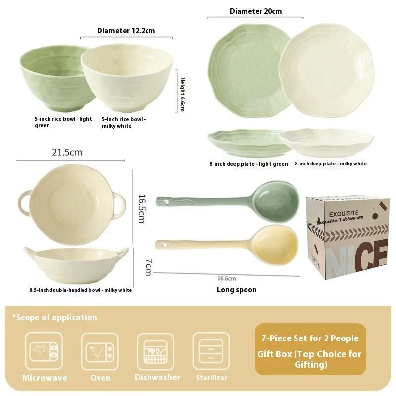 Seven-piece ceramic tableware set in solid colour with modern Japanese styling in gift box