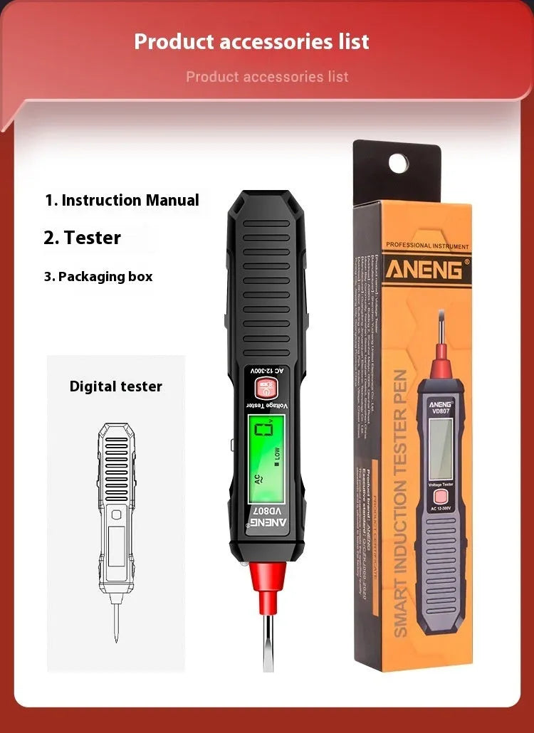 Portable high-sensitivity zero line detection pen with LCD display, 12V~300V range, black plastic housing