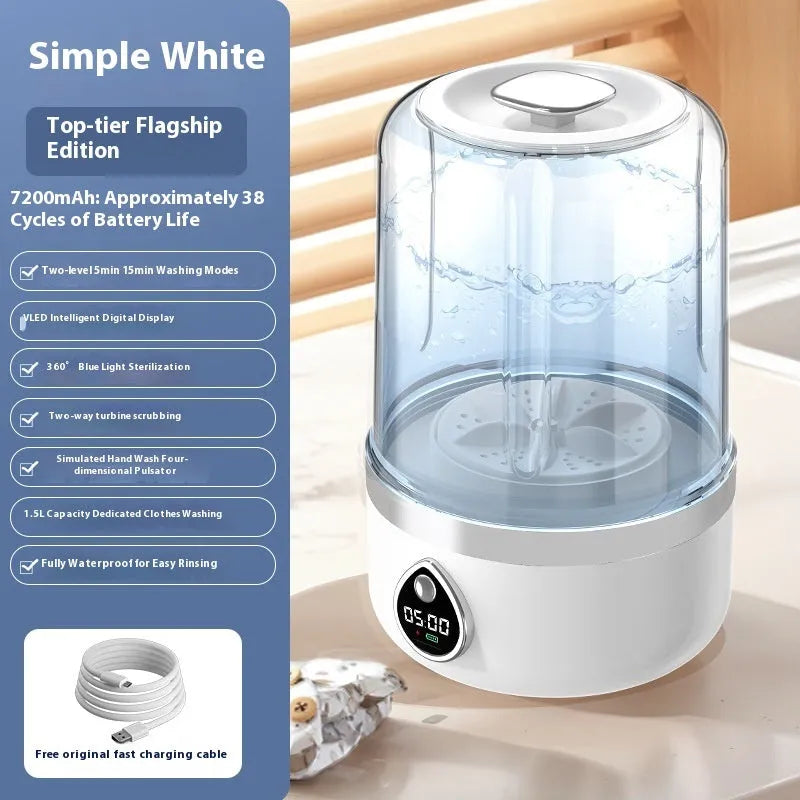 White portable mini washing machine with USB charging cable showing compact dimensions