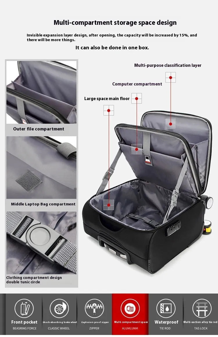 Black 18-inch Oxford cloth business travel suitcase with retractable handle and universal wheels.