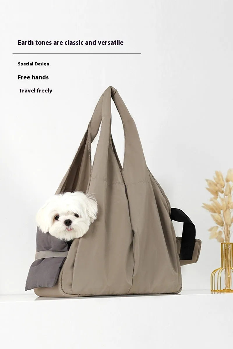 Apricot coloured cloth pet handbag for small dog transportation with 41x16x28 cm dimensions