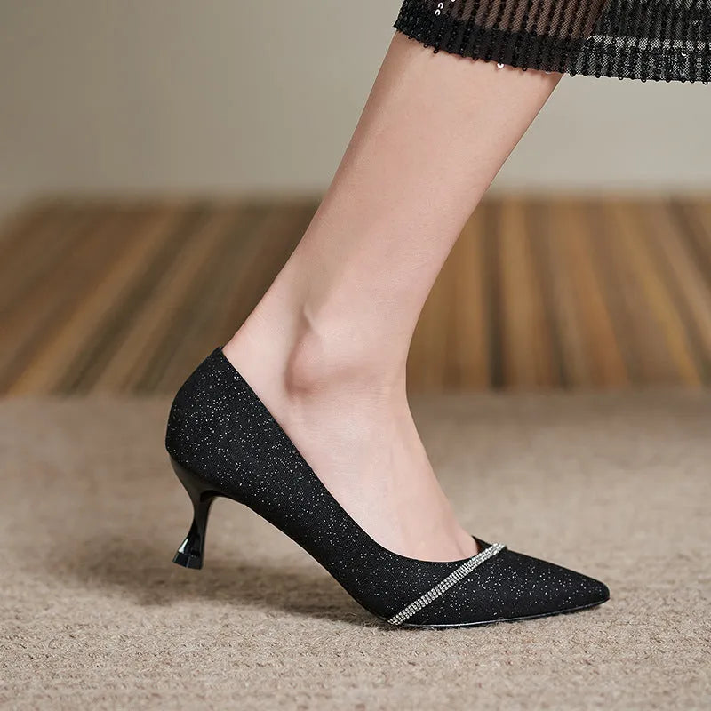 French style sequined black high heels with 7cm thin heel and low upper