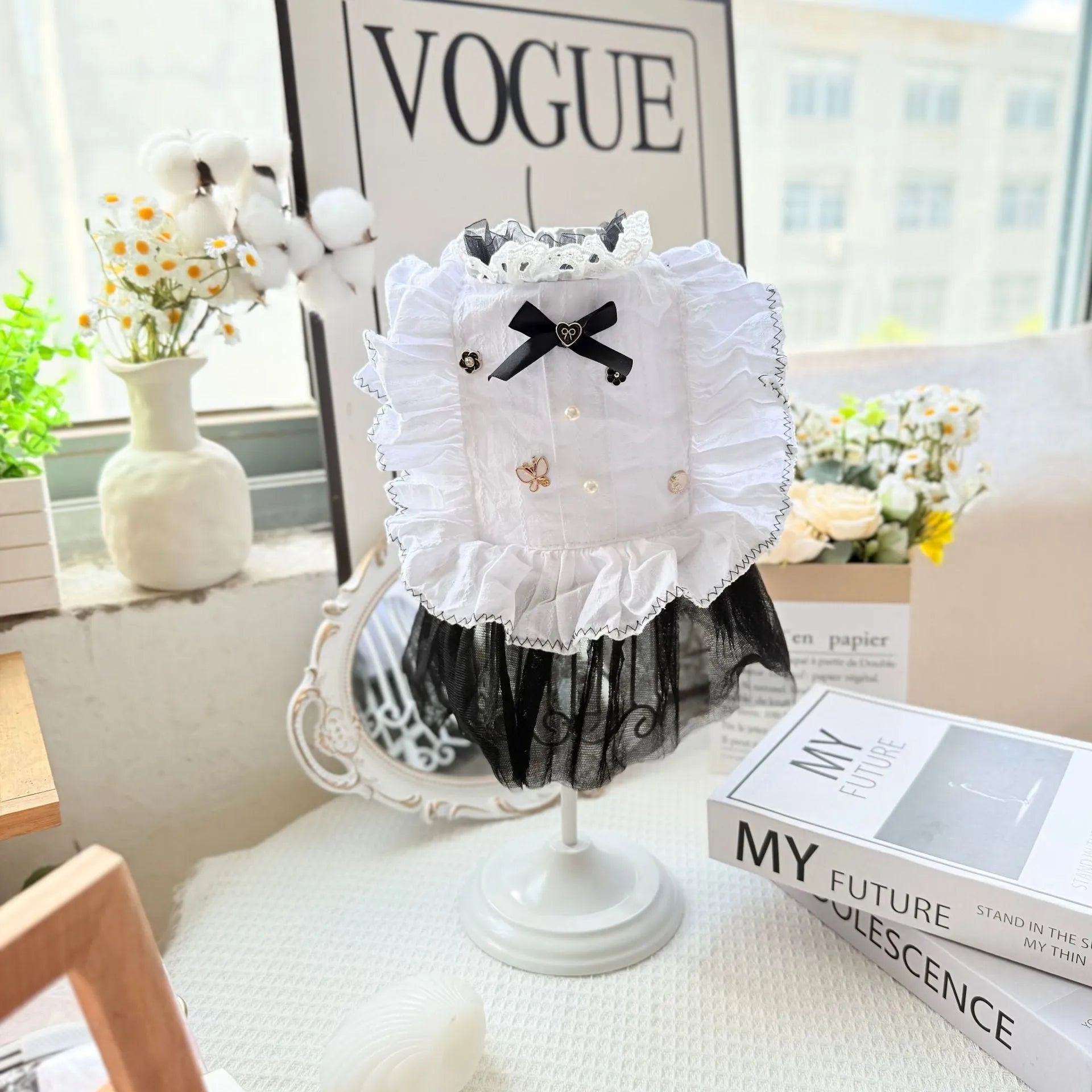 White polyester waltz gauze princess skirt for small to medium dogs in five sizes.