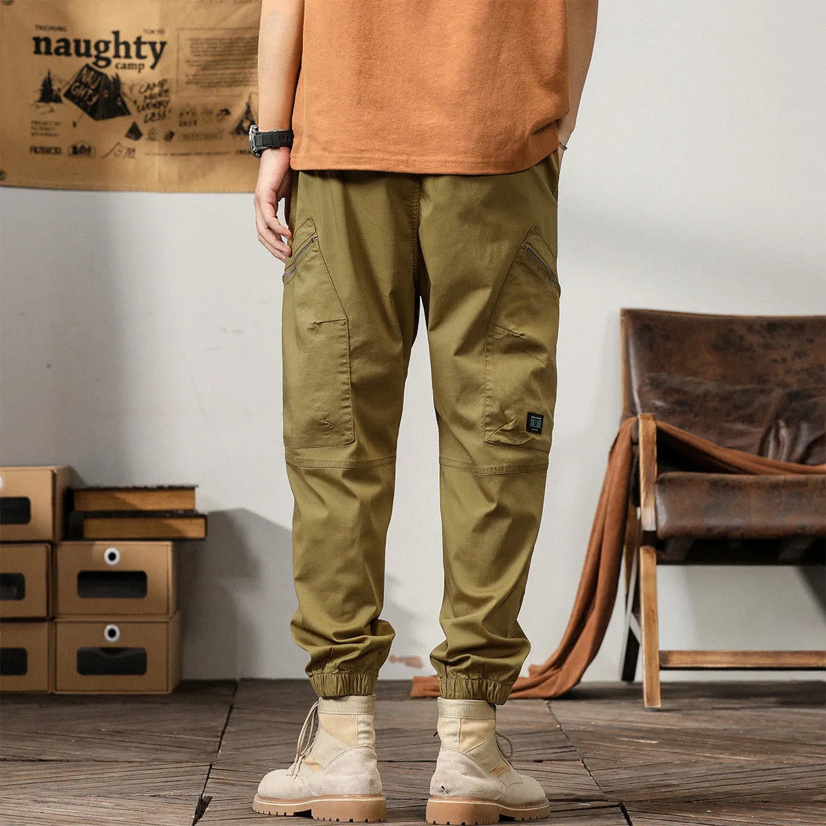 Men's tapered harem pants in cotton fabric with ankle banded legs and Hong Kong retro style