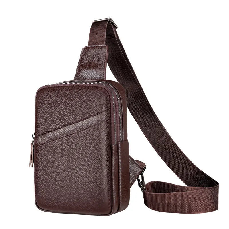 Men's genuine leather crossbody shoulder bag with breathable back in brown, diagonal pocket version