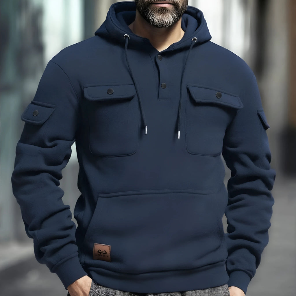 Men's solid colour multi-pocket pullover sweater with wool lining in black, front view, loose fit