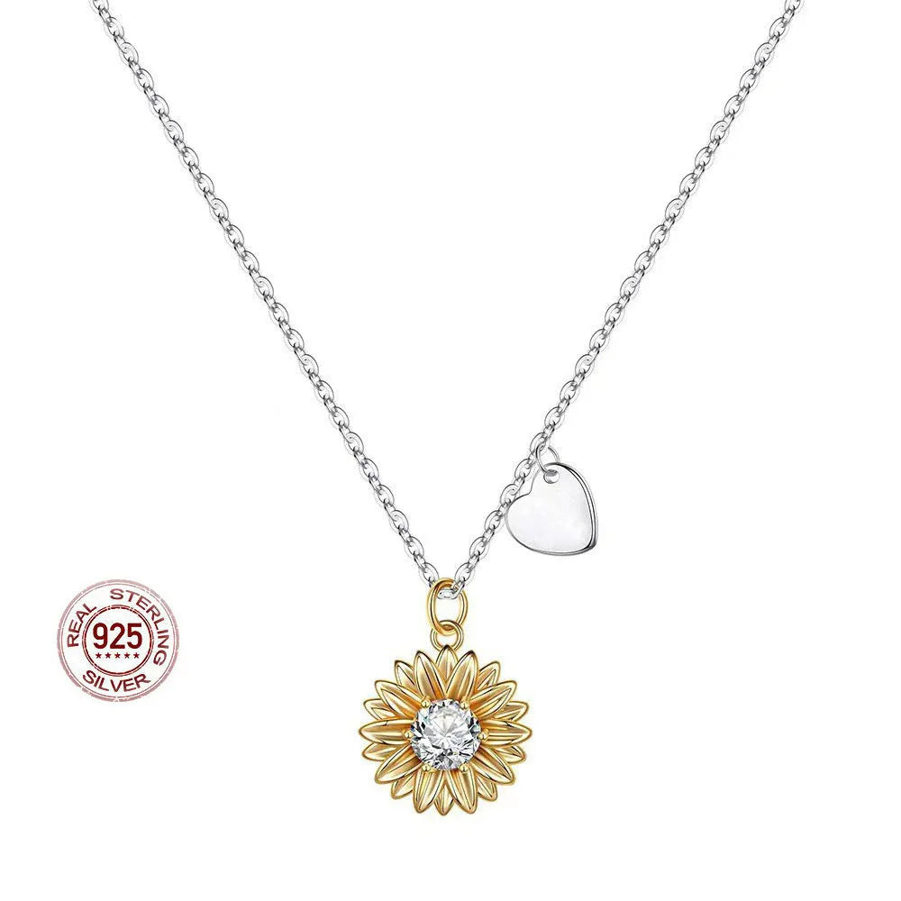 Silver sunflower necklace with geometric daisy pendant on adjustable 21-50cm chain