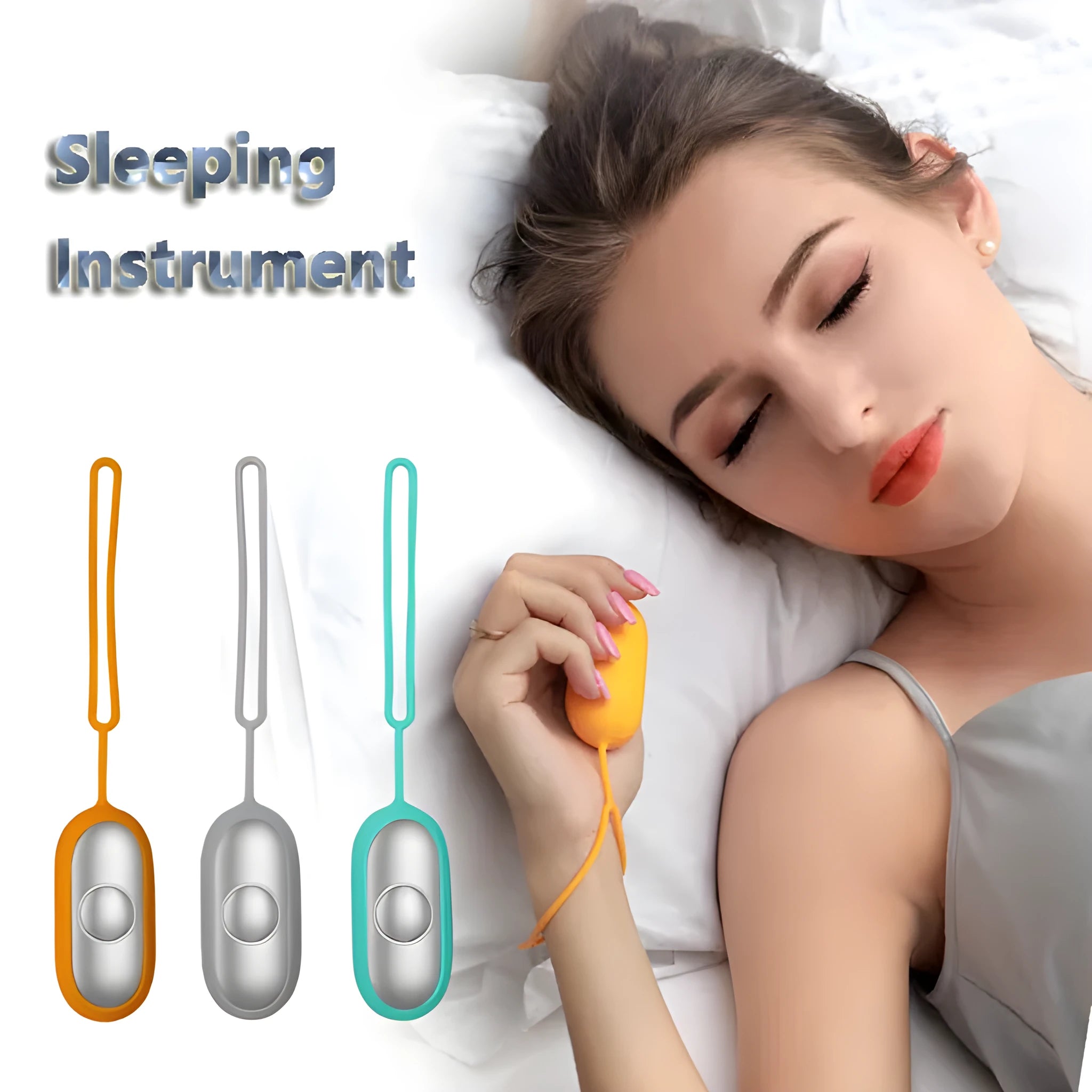 Hand-held micro-current sleep aid device with round button and stainless steel electrodes in grey colour