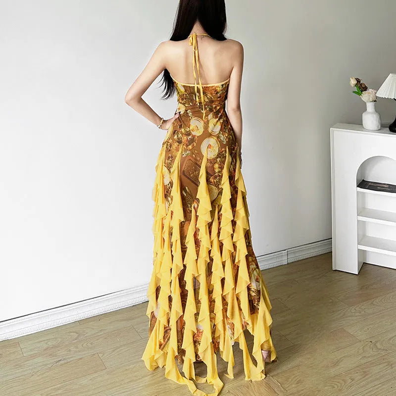 Yellow halter suspender skirt dress with ruffles and A-line cut, high waist, long length, sleeveless