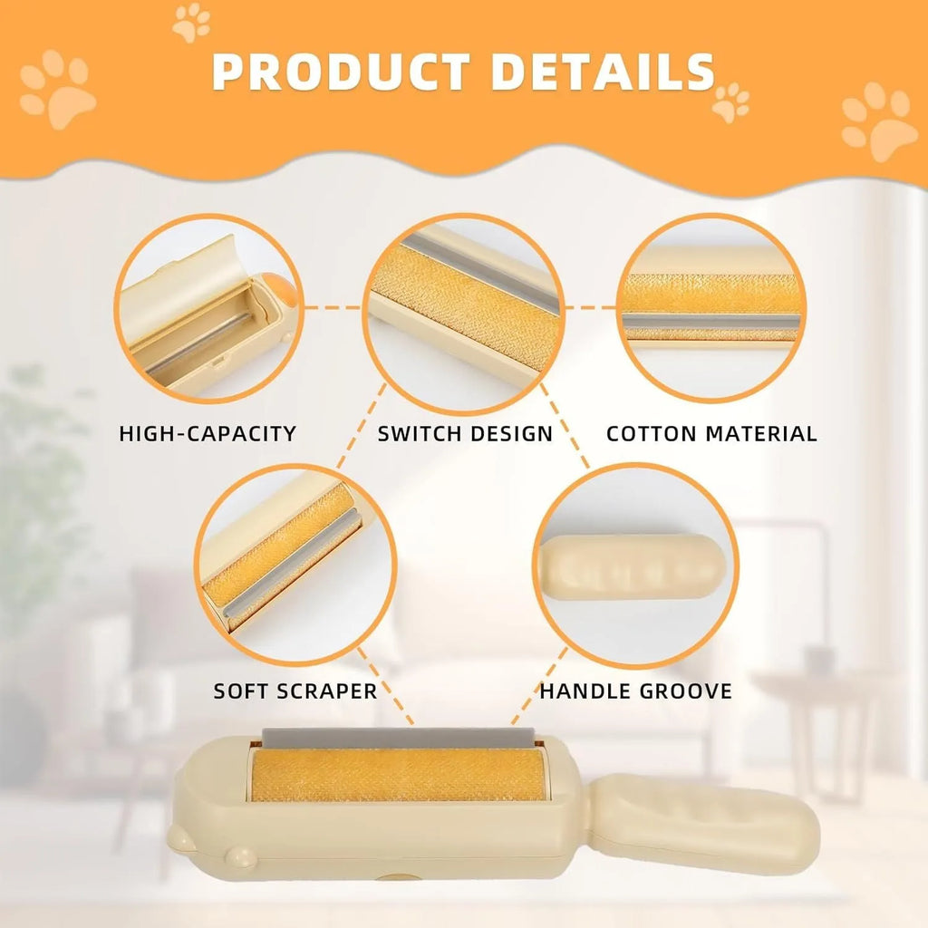 Blue reusable pet hair removal roller with self-cleaning base on a fabric sofa.