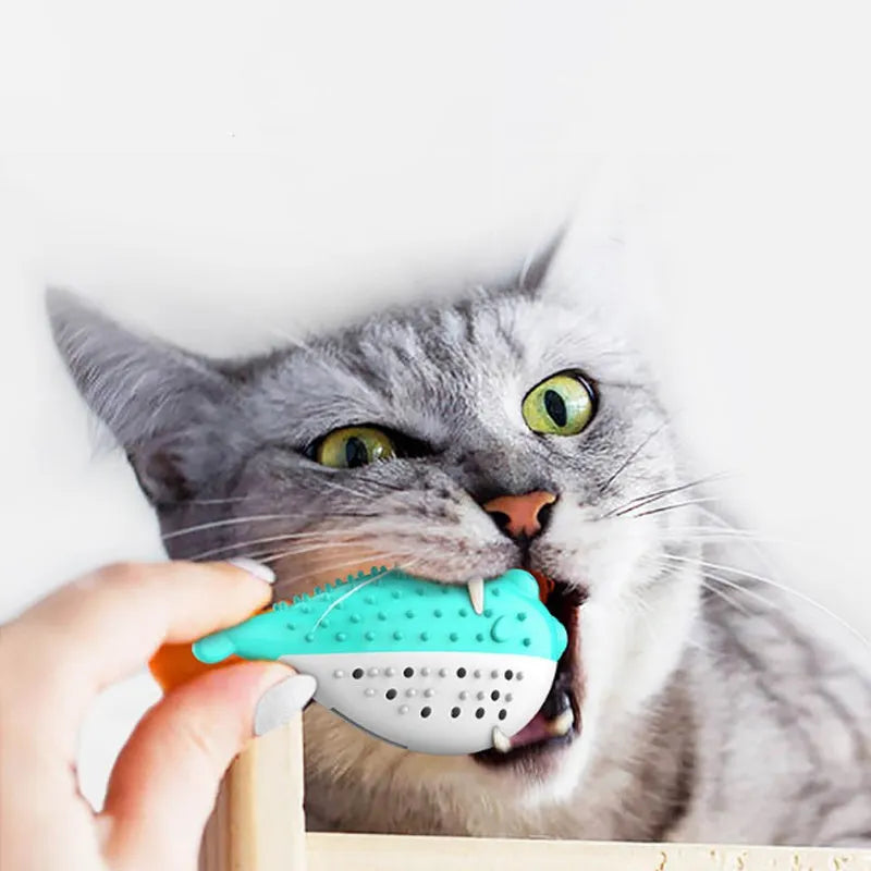 Silicone fish-shaped cat chew toy and teaser in blue, green, pink, or yellow colours measuring 12.2cm