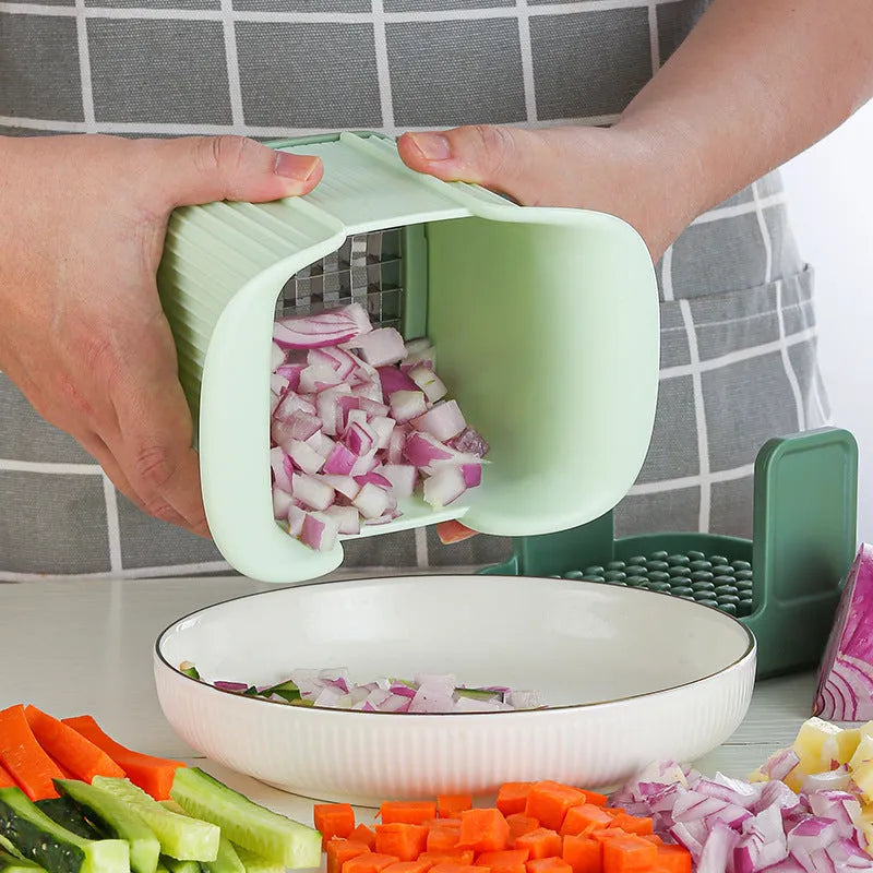 Multifunctional green vegetable chopper with hand press and stainless steel blade for slicing potatoes and onions