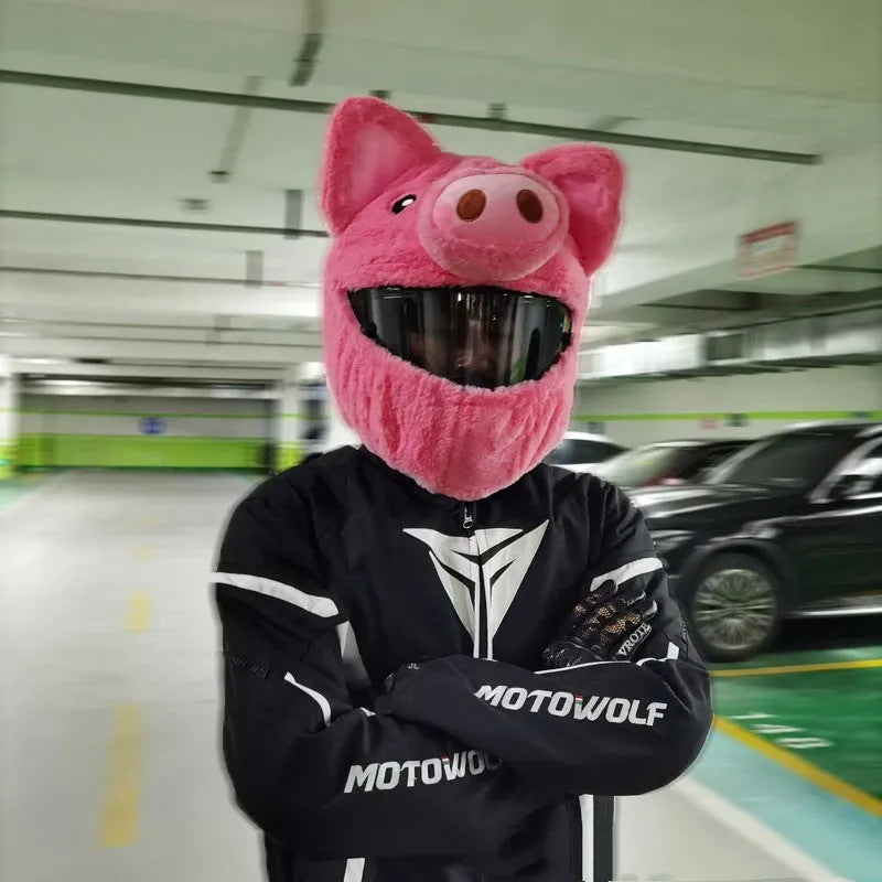 Pink pig cartoon design motorcycle helmet plush protective hood cover made from pv velvet cloth