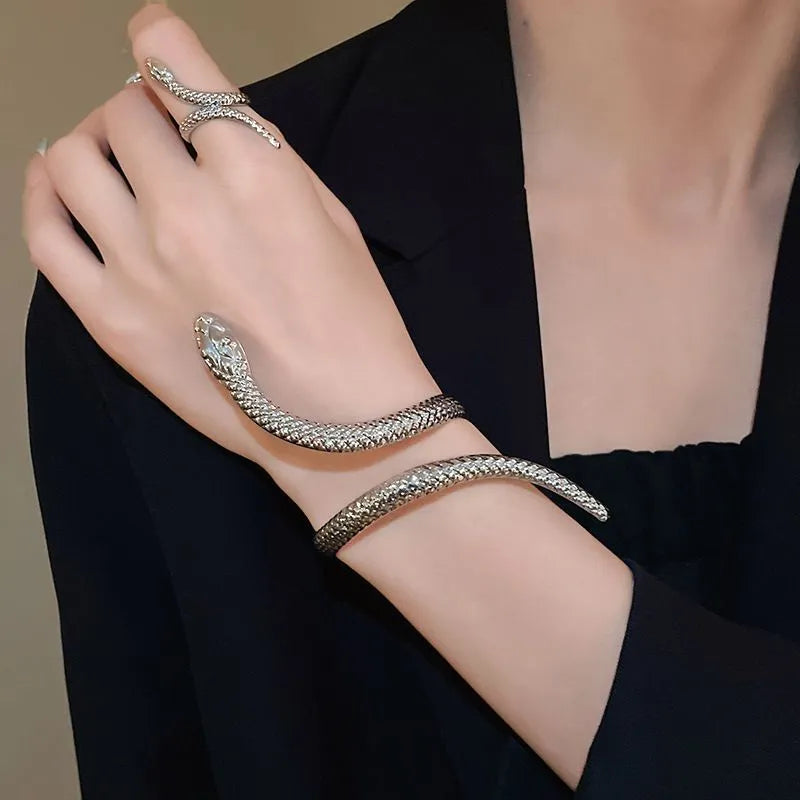 Gold metal ring and bracelet set with exaggerated twisted winding design and simulated snake opening details