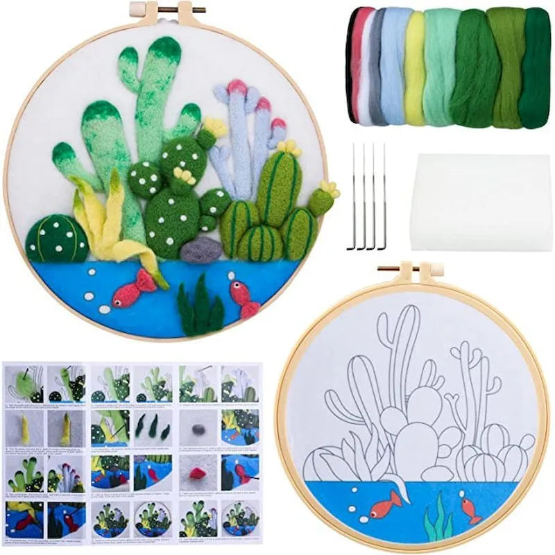 Round linen embroidery kit with wool felt, three-dimensional blanket painting, flowers grass leaves pattern, 20x20 cm, free frame included.