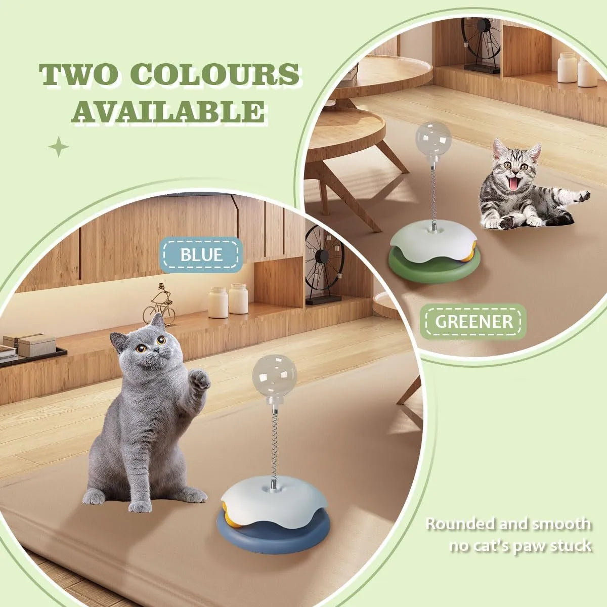 Blue interactive cat slow feeder toy with track and ball design on a white background