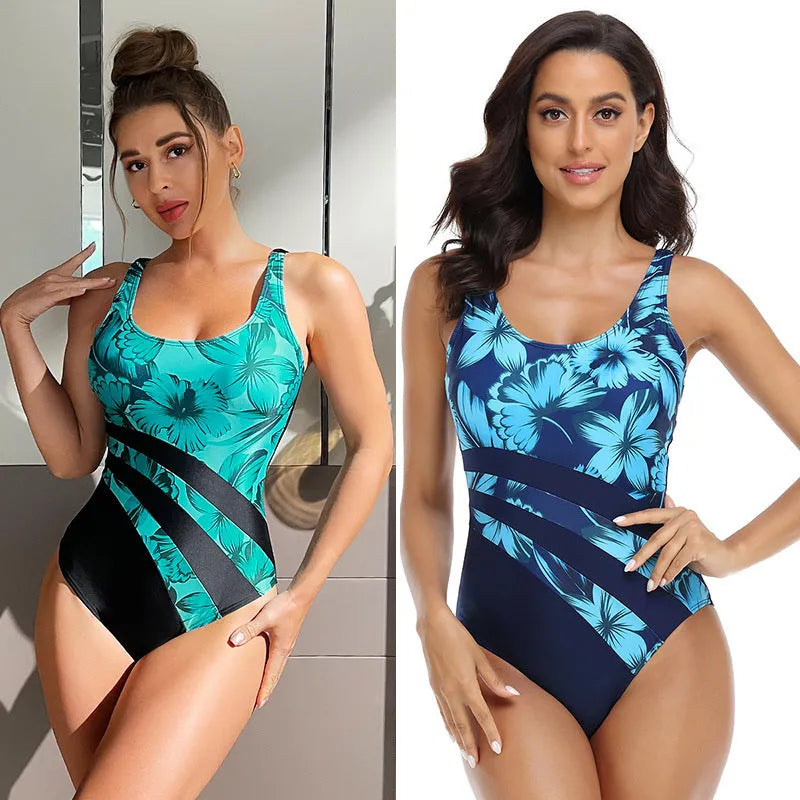 Women's printed conservative one-piece swimsuit in green or blue with tight fit