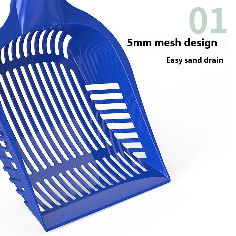 PP plastic cat litter scoop in red, yellow or blue colour options showing small and medium size specifications
